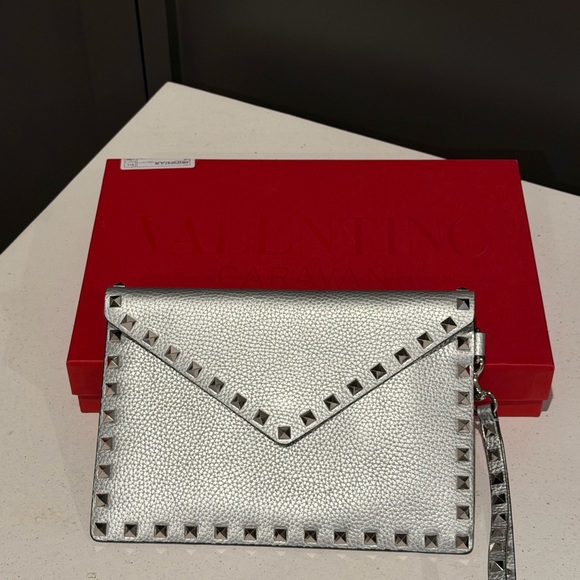 Valentino Handbags - Valentino Silver Rockstud Envelope Clutch Wristlet